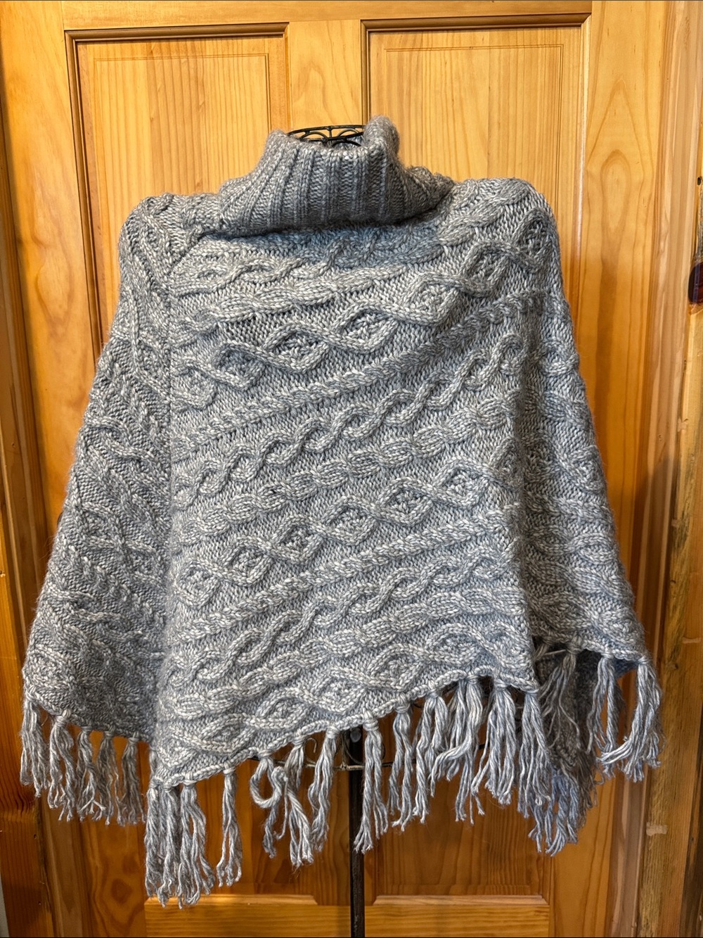 NWT Gray Cable-Knit Turtleneck Poncho Sweater with Fringe